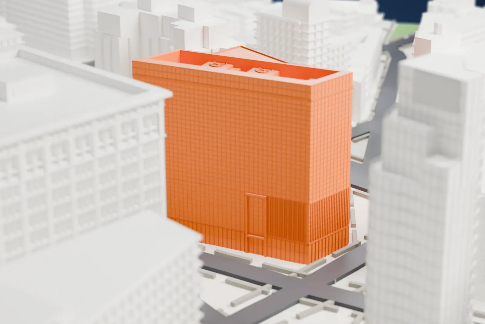 A white 3D print of 51 Astor Place, a finned wedge-shaped tower with angled faces, among taller and older buildings near a small park.