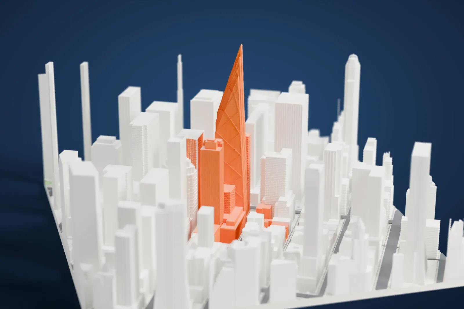 A white 3D print of 53 West 53, a tall tower with sloping sides, a diagonal grid and a stepped row of spires, rising among dense city buildings.