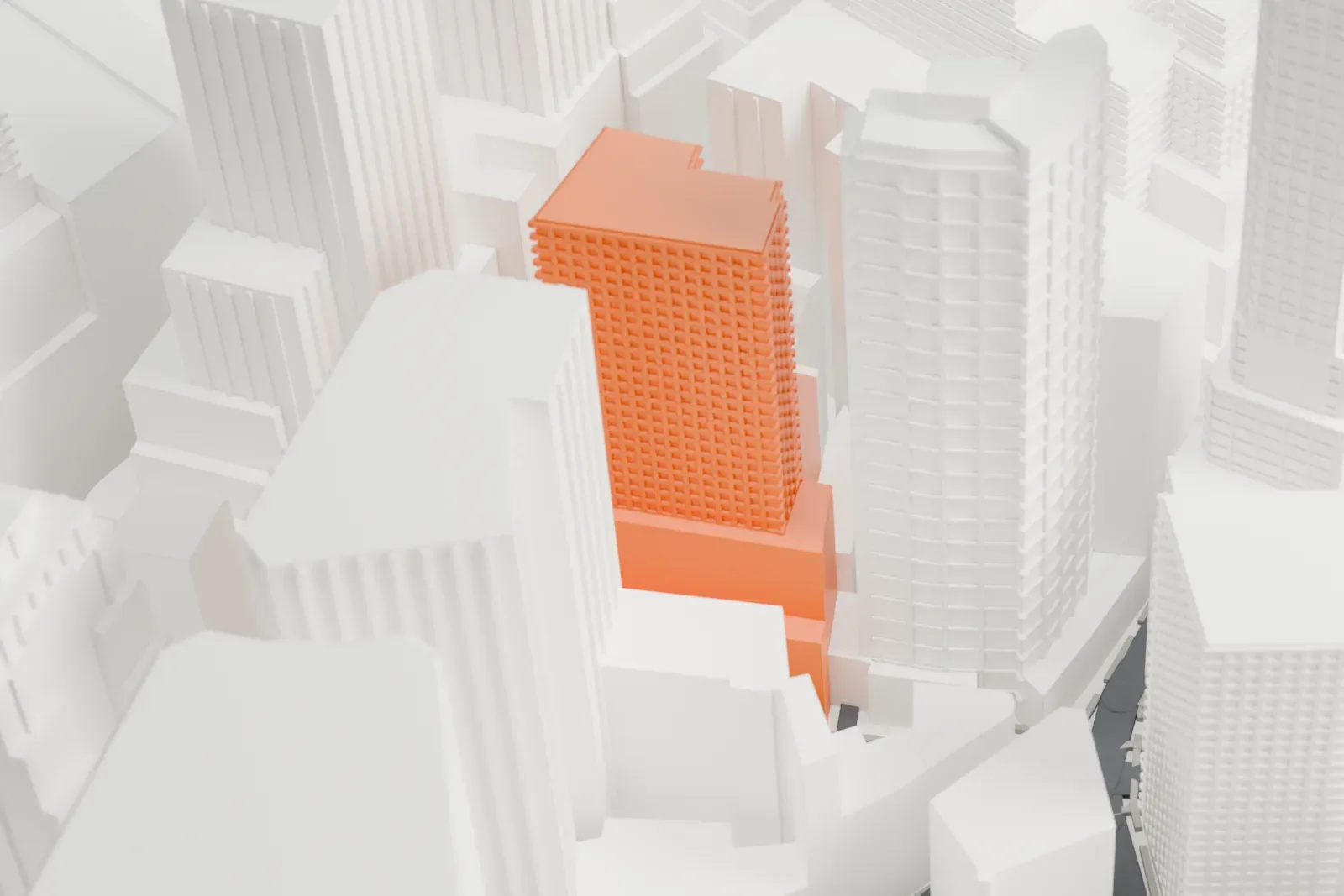 A white 3D print of 55 Broad Street, a tower with ribbed walls and small rooftop structures, packed in among taller buildings.