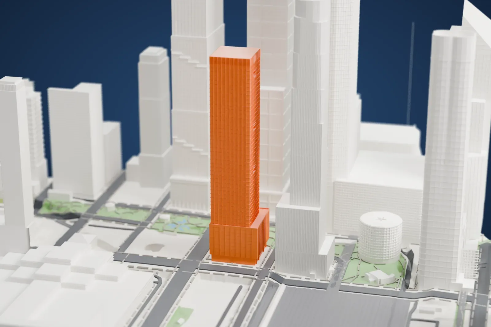 A white 3D print of 55 Hudson Yards, a tall rectangular tower with a wider base, standing among neighboring skyscrapers with small parks and streets at its foot.