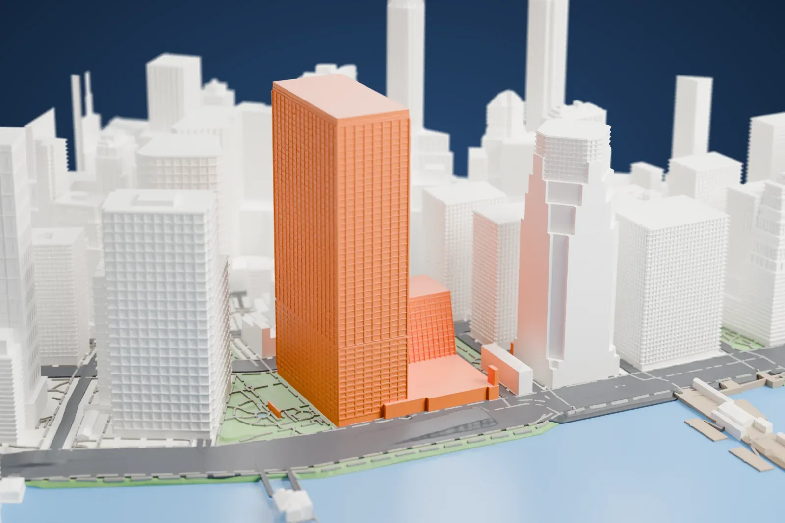 A white 3D print of 55 Water Street, a tall rectangular tower with a lower wing, rising among dense skyscrapers beside the waterfront.