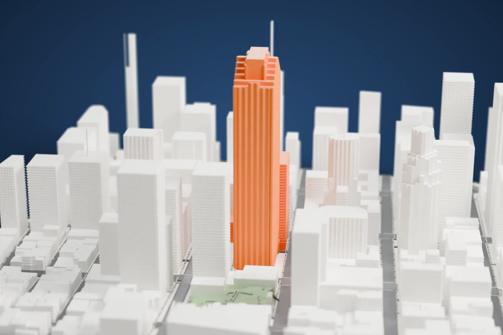 A white 3D print of 555 California Street, a tall ribbed tower with a notched crown, standing among other tall buildings and narrow streets.