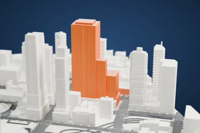 A white 3D print of the 555TEN model in New York, with the streets around it.