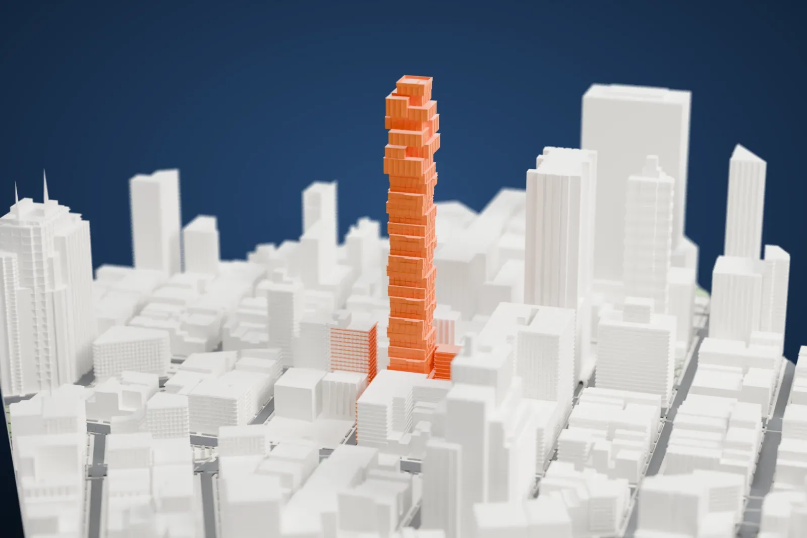 A white 3D print of 56 Leonard Street, a slender skyscraper made of stacked, slightly shifted boxes, standing among other high-rise and mid-rise buildings.