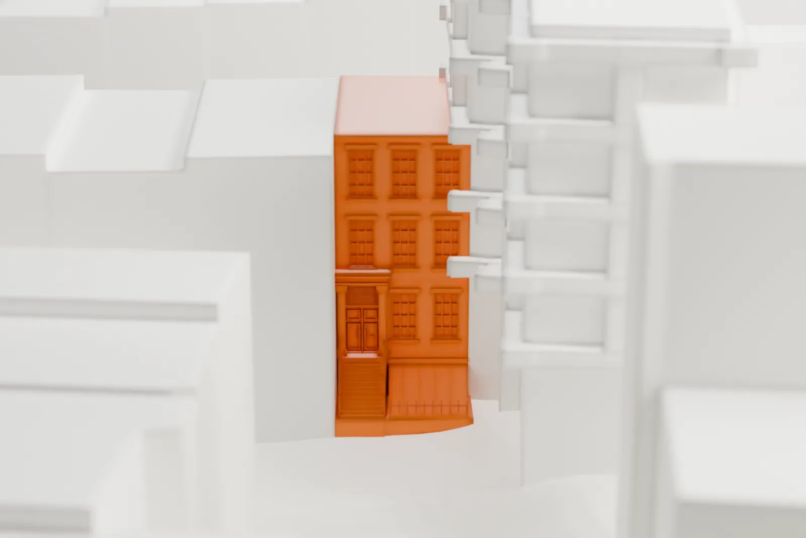 A white 3D print of 58 Joralemon Street, a narrow townhouse with a front stoop and tall windows, set between larger buildings.
