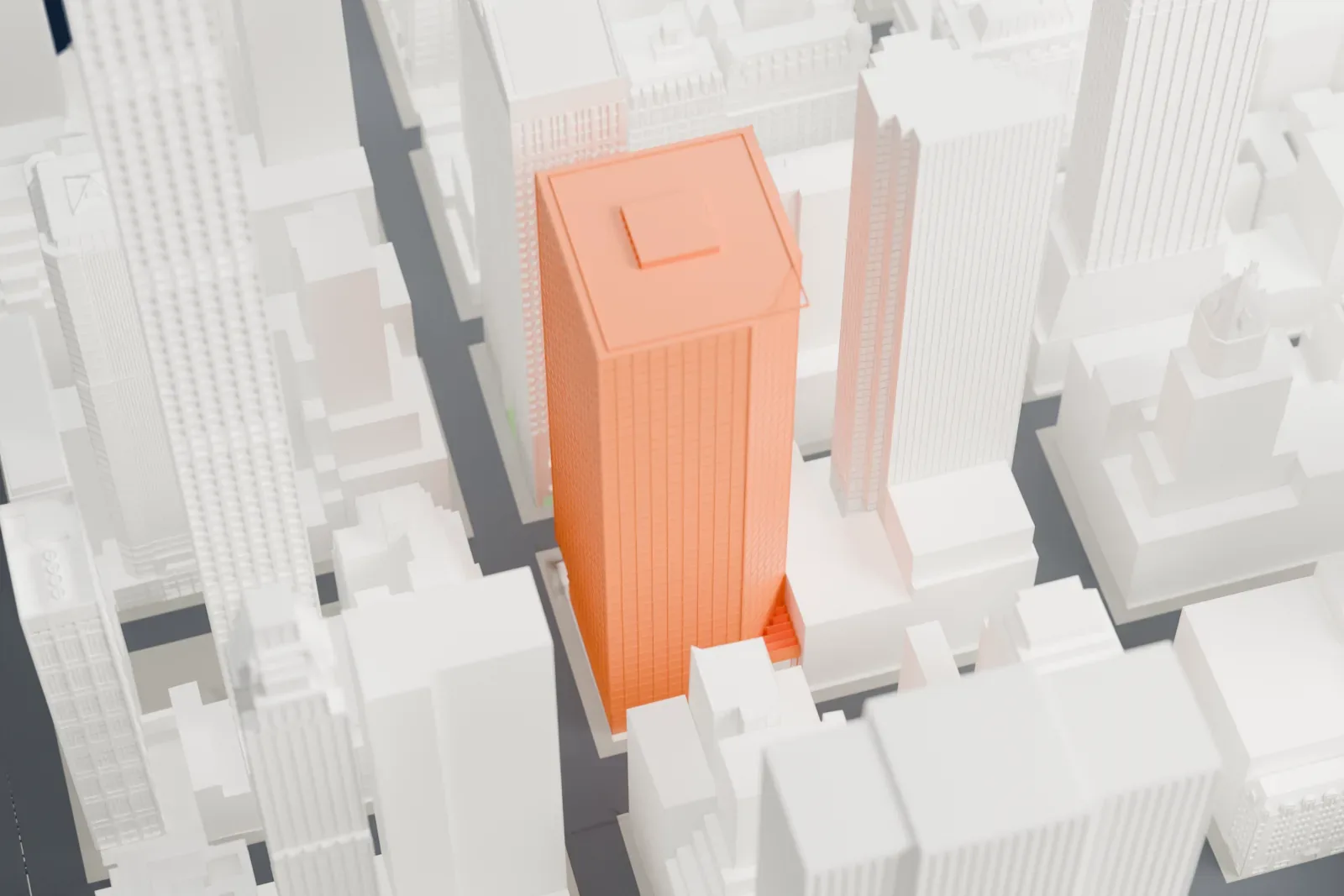 A white 3D print of 590 Madison Avenue, a tall tower with a fine window grid and a flat roof carrying a small block, standing among dense skyscrapers.