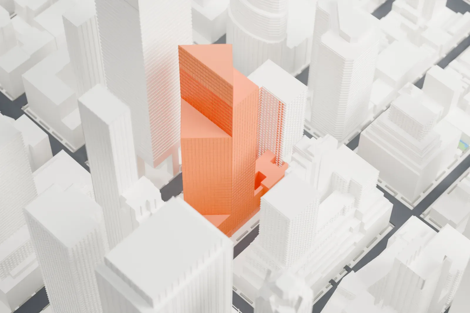 A white 3D print of 599 Lexington Avenue, a tall tower with angled upper stages, standing among tightly packed Midtown skyscrapers.