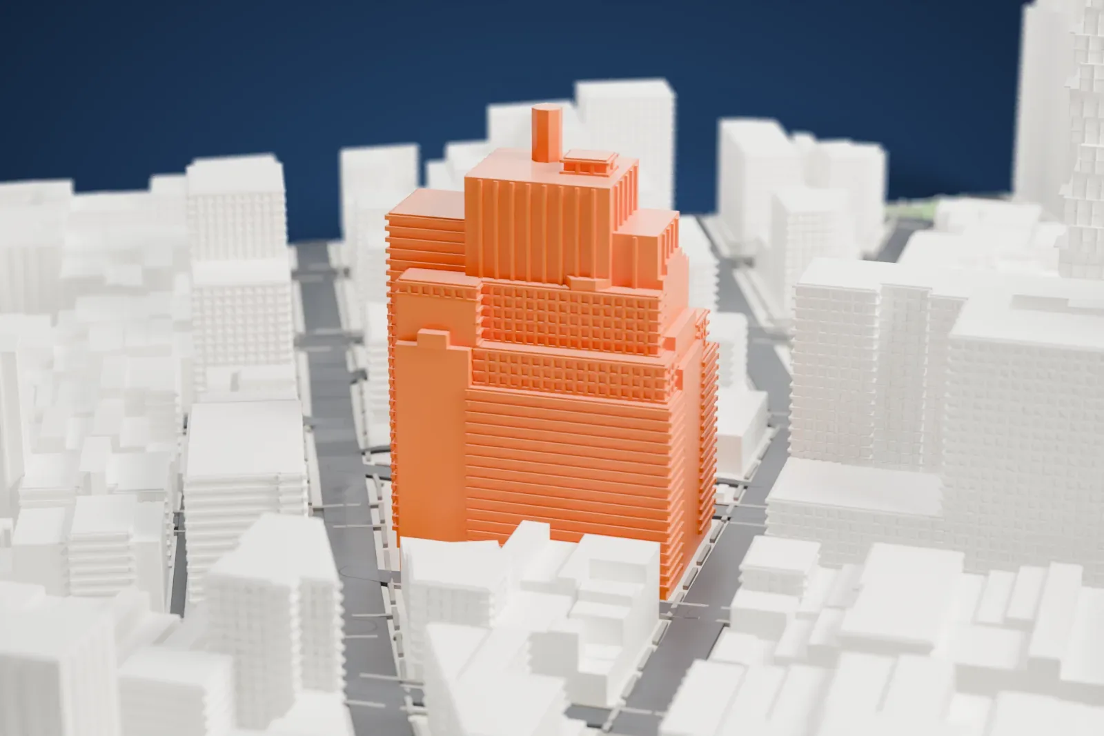 A white 3D print of 60 Hudson Street, a tall stepped building with a small structure on its roof, among neighboring buildings and streets.