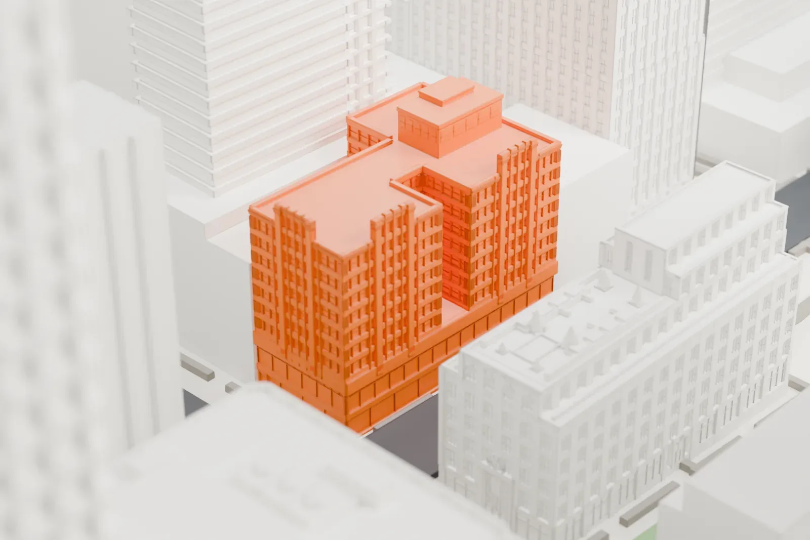 A white 3D print of 608 Fifth Avenue, a mid-height office block with a gridded facade and a box on its roof, almost hidden among much taller towers.