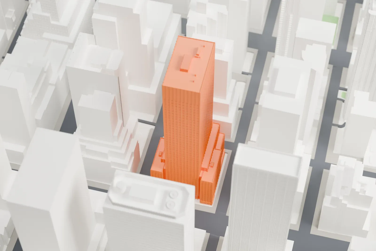 A white 3D print of 633 3rd Avenue, a rectangular office tower with vertical brick piers, among the surrounding New York City streets and buildings.
