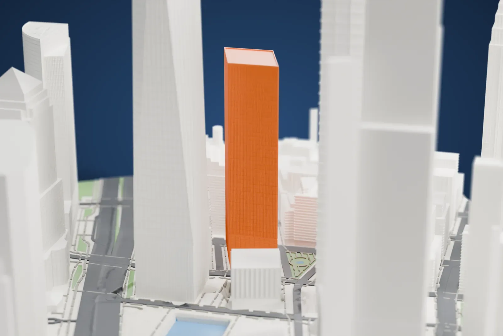 A white 3D print of 7 World Trade Center, a tall rectangular tower with fine vertical lines, rising among other skyscrapers beside a plaza with a pool.