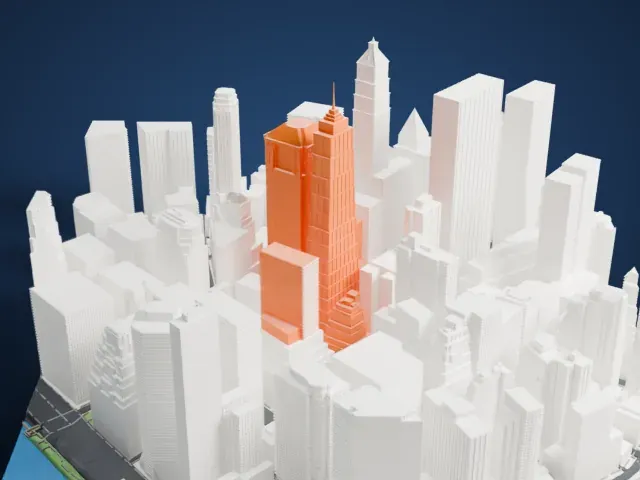 70 Pine Street model, East view