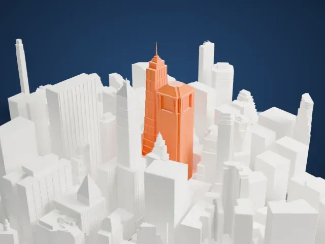 70 Pine Street model, West view
