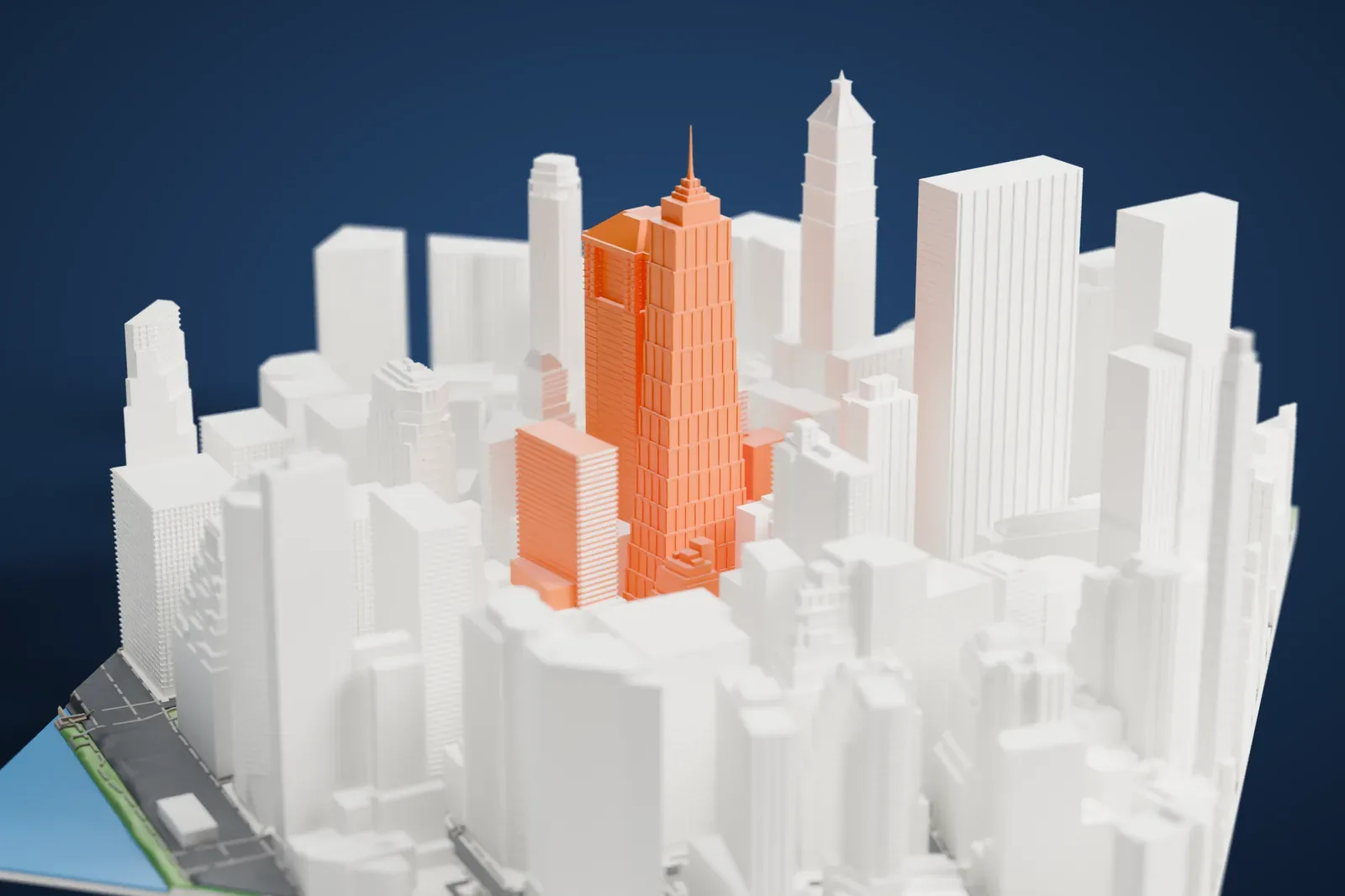 A white 3D print of 70 Pine Street, a tall tapering tower with many stepped setbacks and a slim spire, surrounded by many other tall buildings.