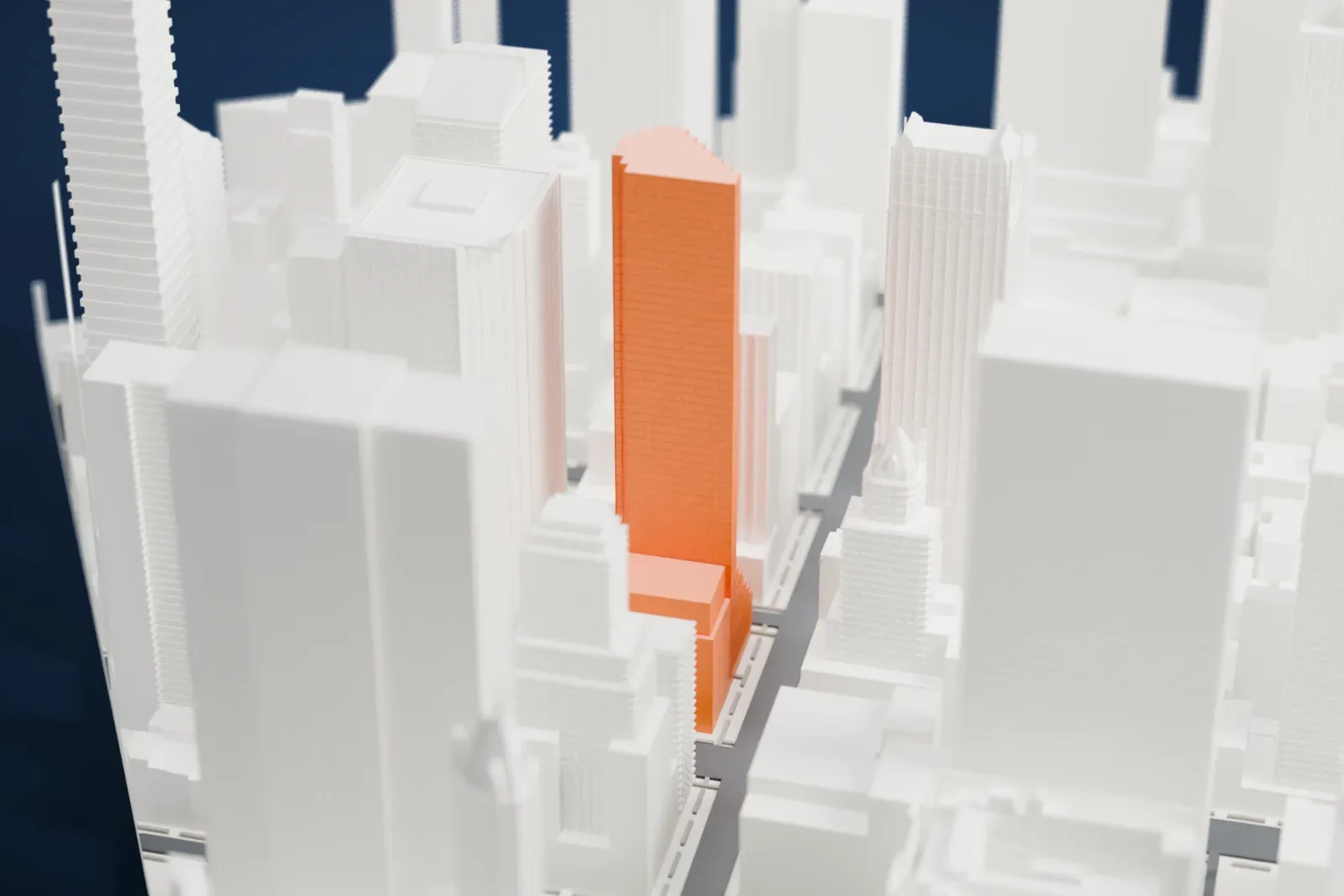 A white 3D print of 712 Fifth Avenue, a tall tower with a stepped crown, standing among tightly packed Midtown skyscrapers.