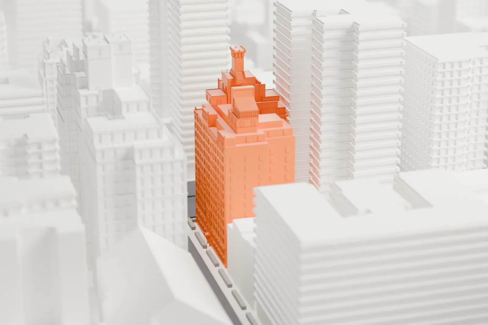 A white 3D print of 730 Park Avenue, a tall residential building with stepped upper floors and a small tower on the roof, wedged between taller buildings.