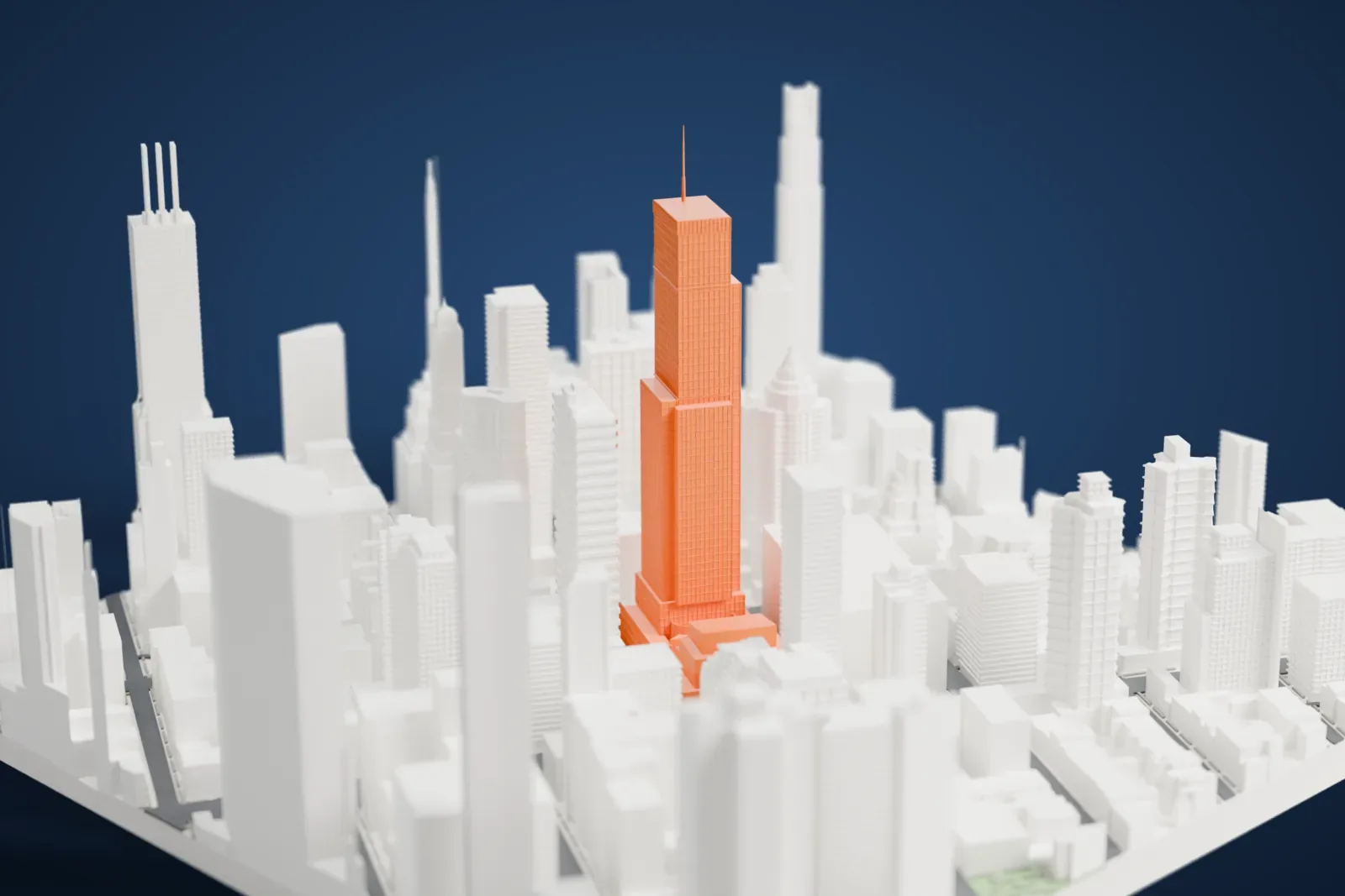 A white 3D print of 731 Lexington Avenue, a tall stepped glass tower with a thin spire on its flat roof, standing among dense city buildings.