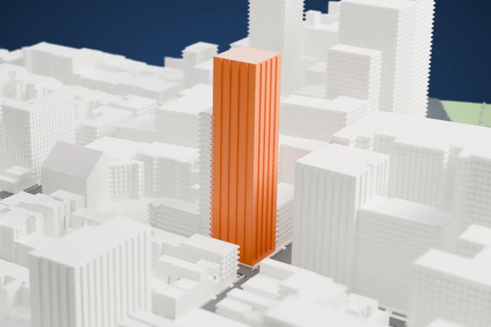 A white 3D print of 75 Livingston Street, a tall tower with ornate upper stages and a pyramid-shaped cap, among boxy mid-rise buildings and streets.