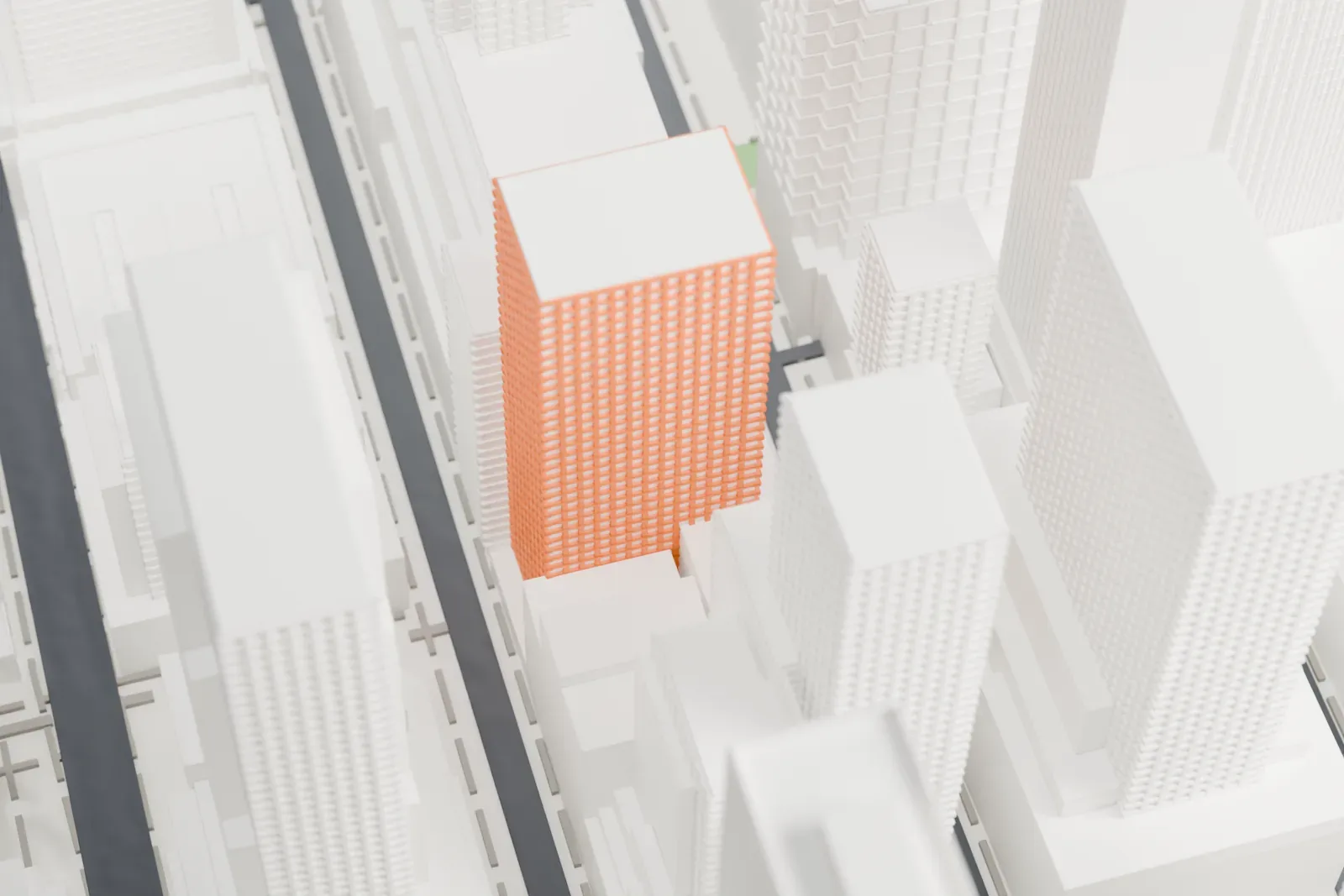 A white 3D print of 75 Rockefeller Plaza, a mid-height tower with small units on its roof, squeezed between taller buildings, one of them with a diagonal grid pattern.