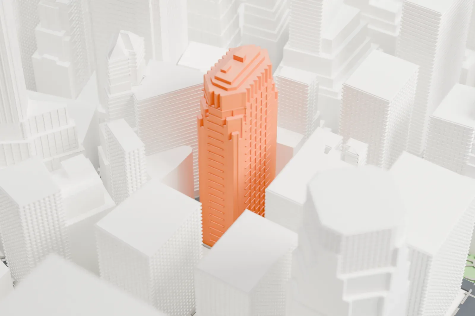 A white 3D print of 75 Wall Street, a ribbed, rounded tower, standing among taller buildings of Lower Manhattan.