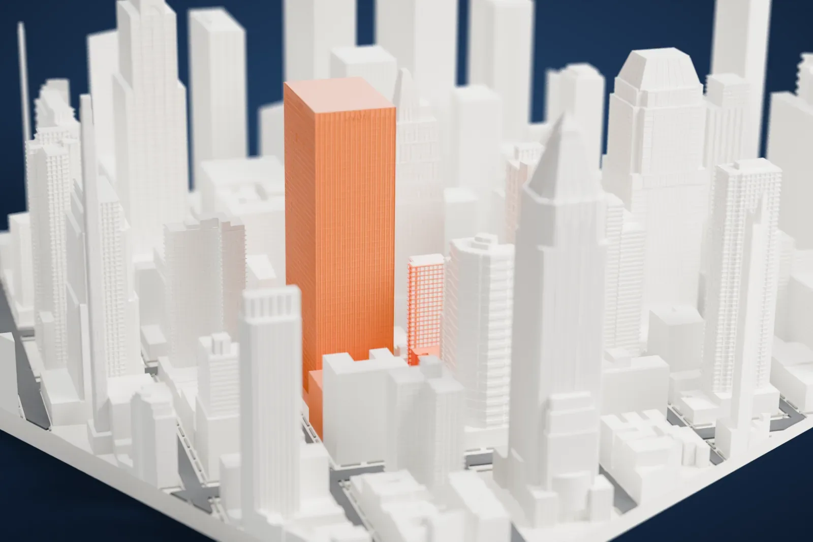 A white 3D print of 750 Seventh Avenue, a tall tower with stepped sides that narrows to a pointed crown, rising among dense Midtown Manhattan skyscrapers.