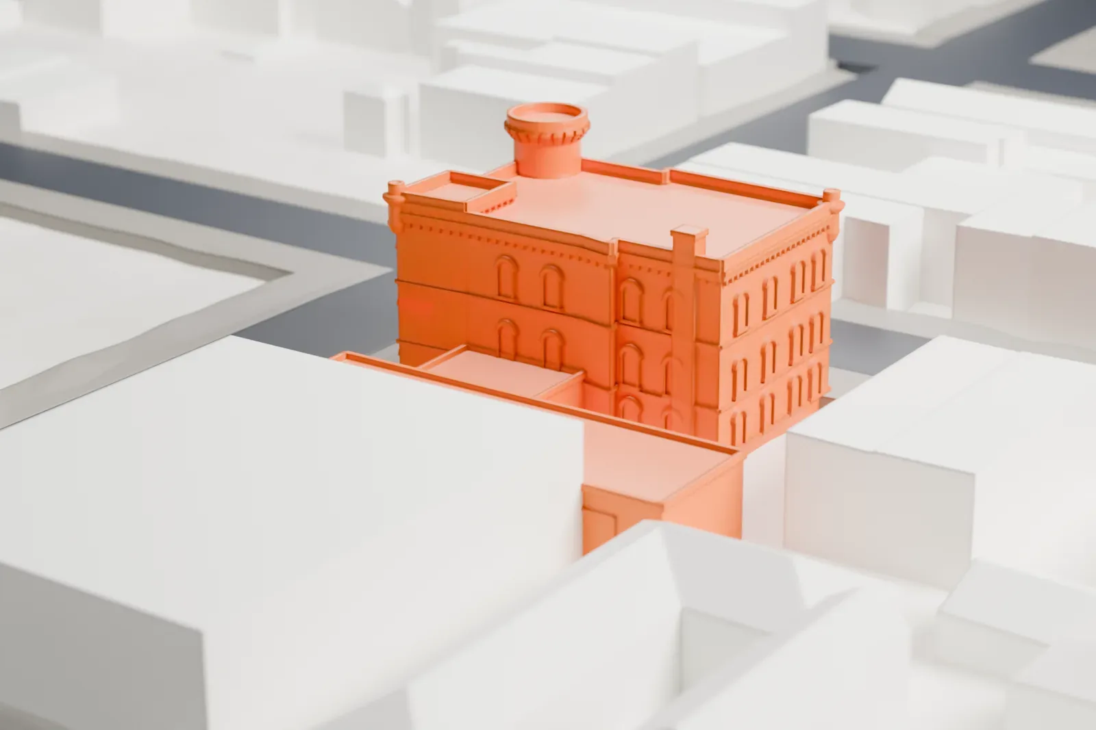 A white 3D print of the 75th Police Precinct Station House, a three-story brick building with a round corner tower, arched windows and a long low wing, set among nearby buildings and streets.