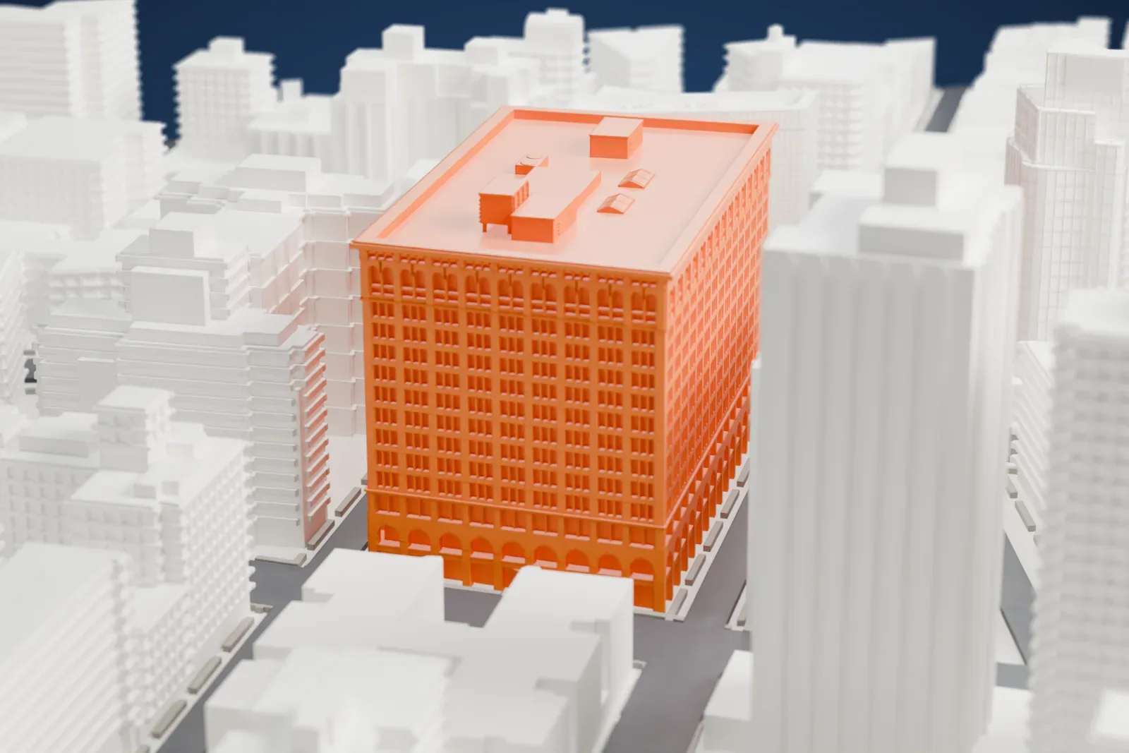 A white 3D print of 770 Broadway, a full-block building with rows of arched windows and rooftop boxes, ringed by smaller buildings and streets.