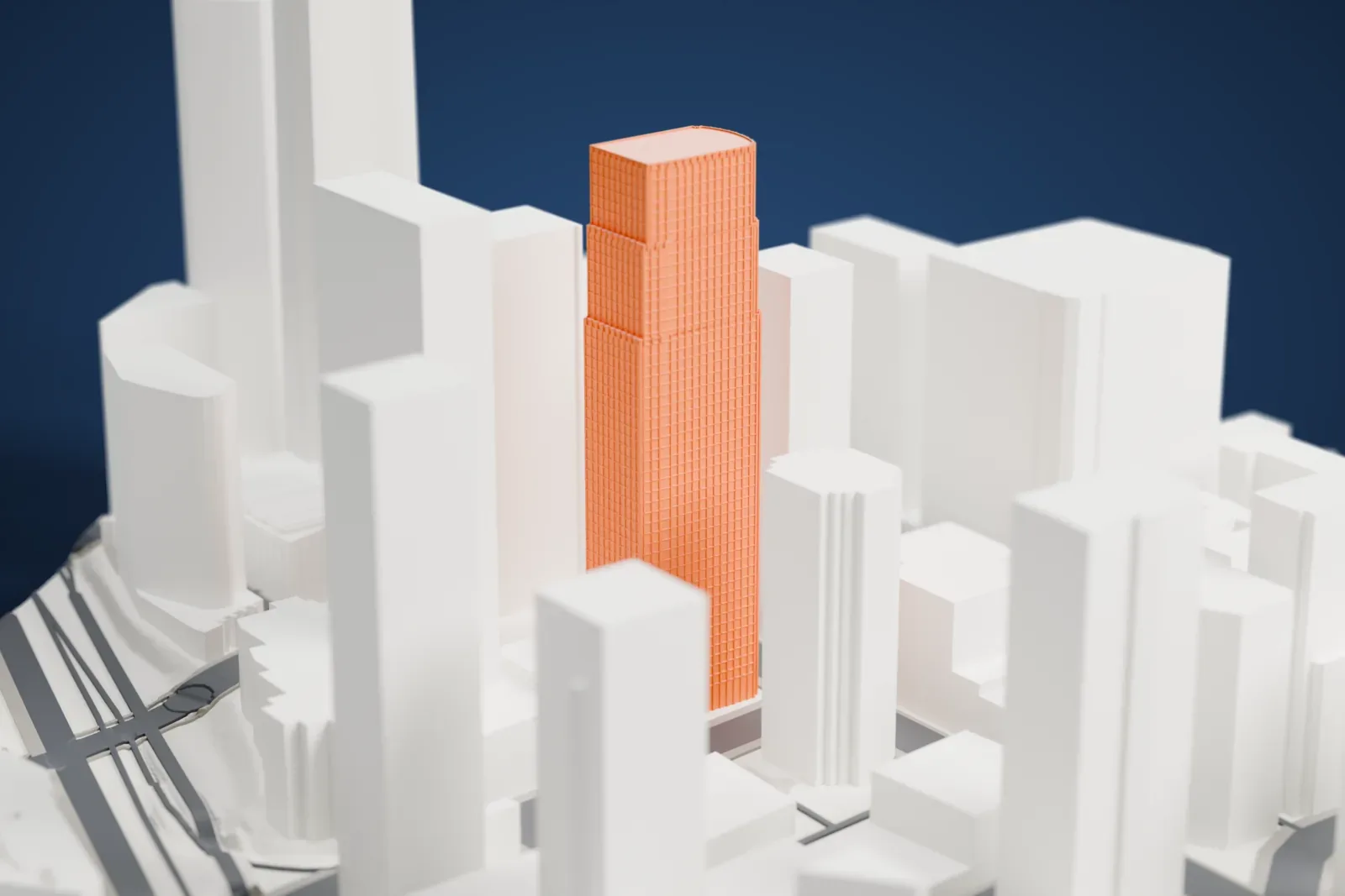 A white 3D print of 777 Tower, a tall office high-rise, standing among the buildings of Downtown Los Angeles.