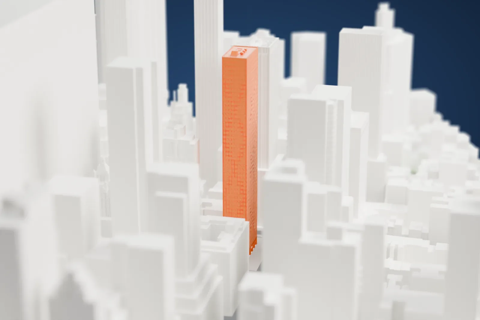 A white 3D print of 780 Third Avenue, a tall granite-clad office tower with stepped X patterns on its faces, among the surrounding streets and buildings of New York City.