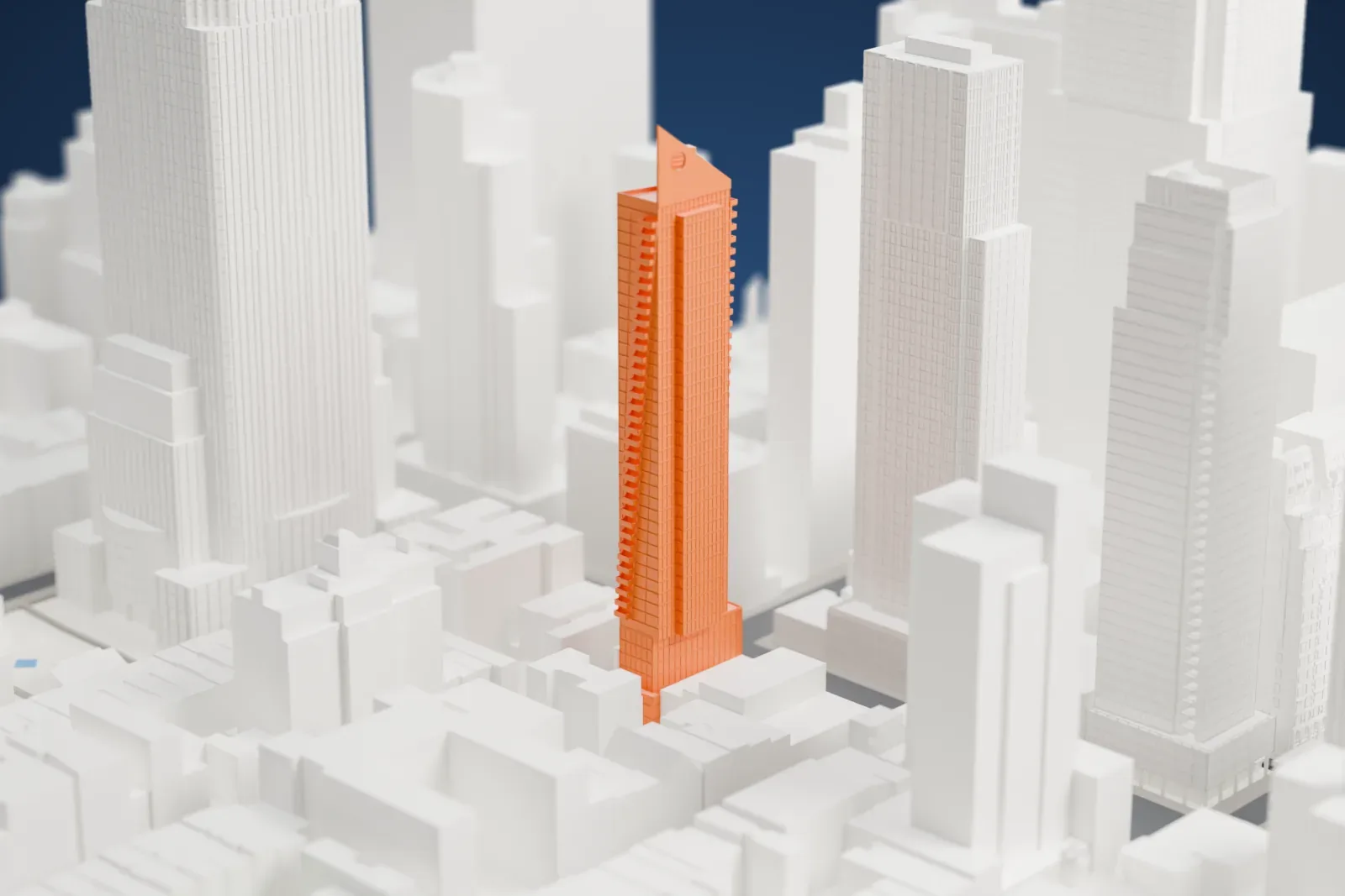 A white 3D print of 785 Eighth Avenue, a slender residential tower with cascading balconies and a sloping crown, among the surrounding streets and buildings of New York City.