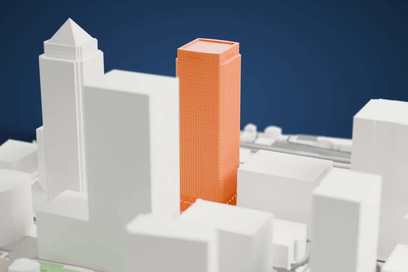 A white 3D print of 8 Canada Square, a tall tower with a glass facade, rising among the surrounding buildings of Canary Wharf.
