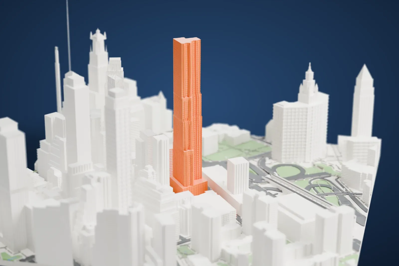 A white 3D print of 8 Spruce Street, a tall rippled tower with stepped setbacks, standing among Manhattan skyscrapers with a lawn and curving roads beside them.