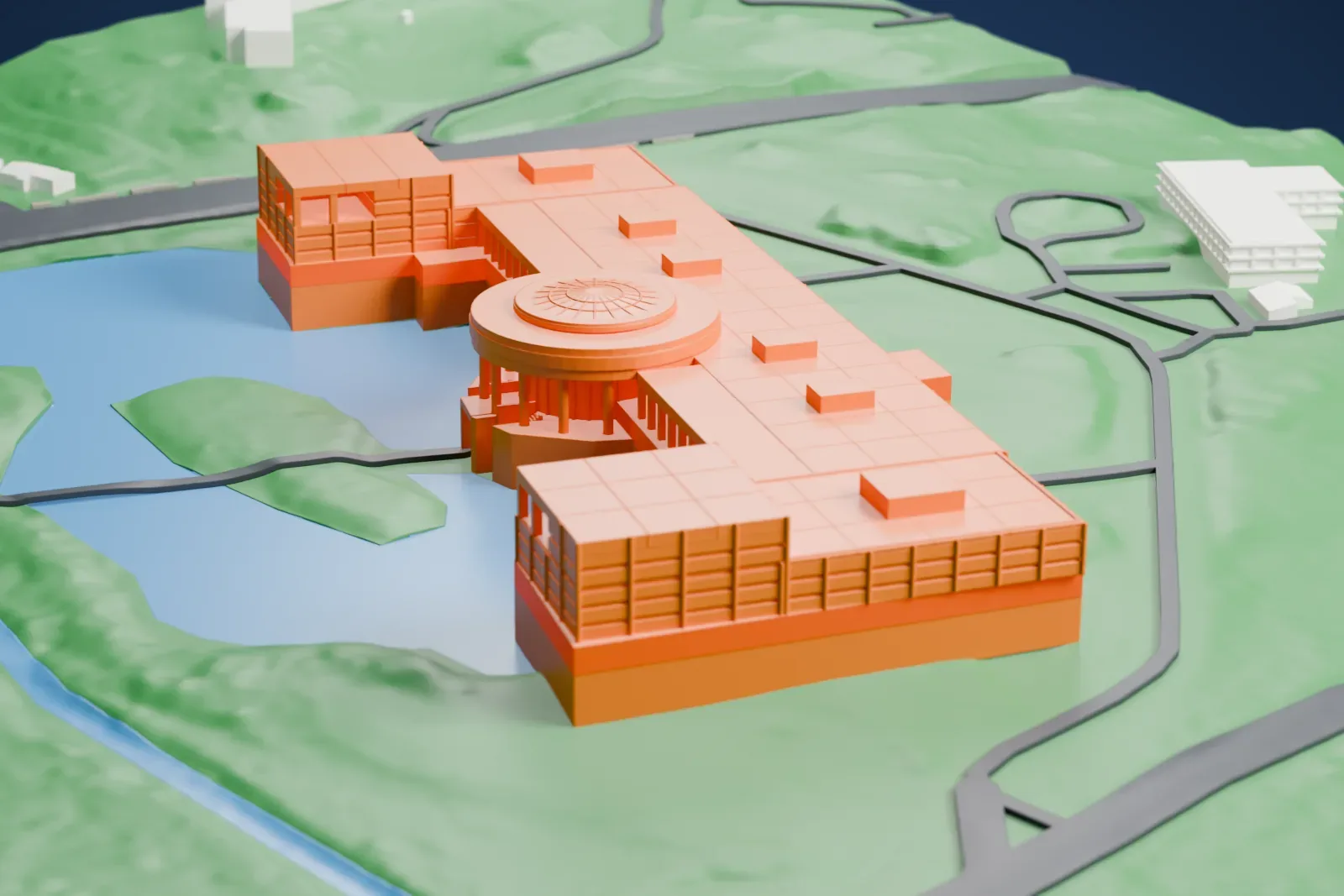 A white 3D print of 800 Westchester Avenue, a long terraced office building with a round rotunda at its center, beside a blue pond and surrounded by green hills and winding roads.