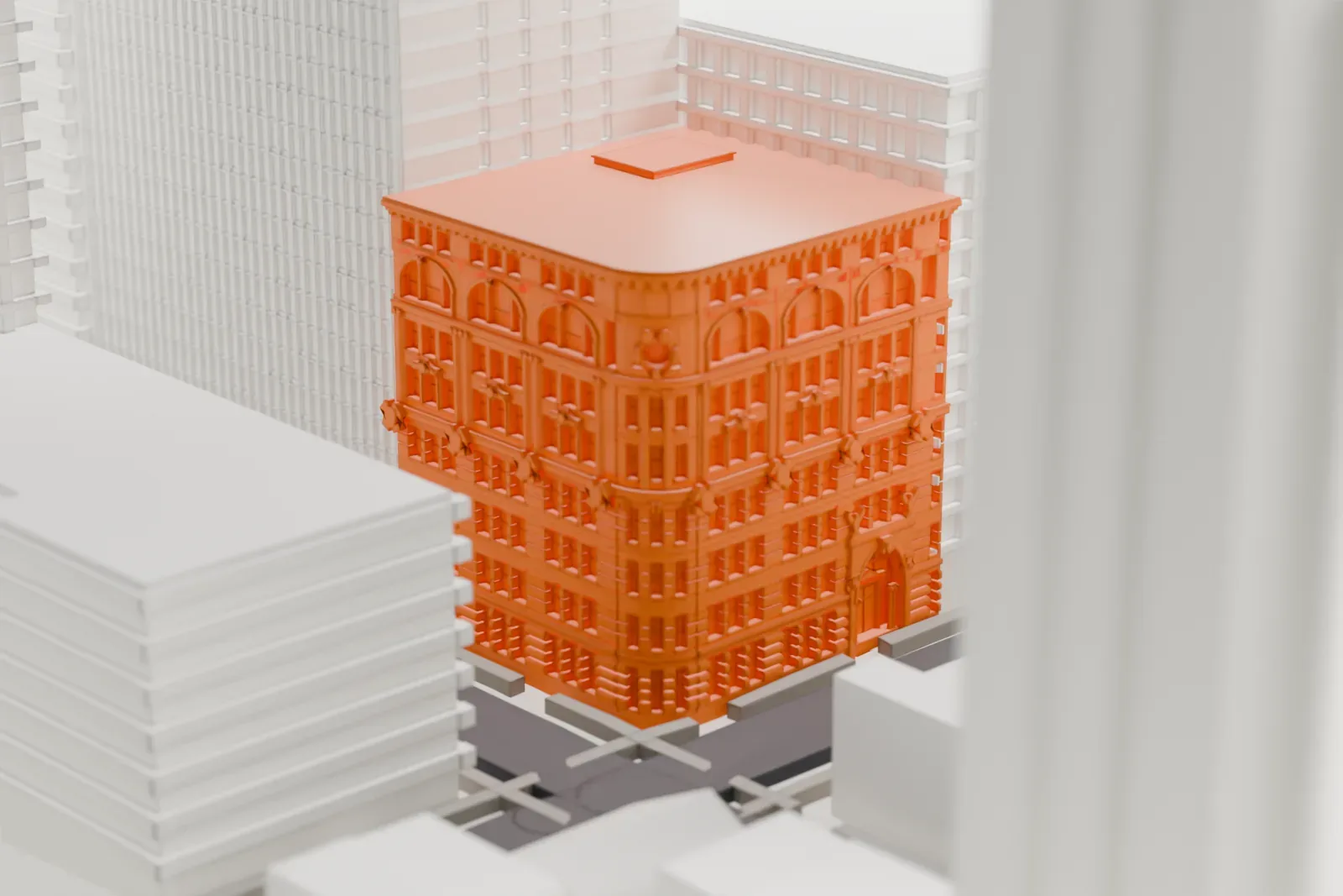 A white 3D print of 81 Willoughby Street, a mid-rise building with arched windows and a rounded corner, set between larger buildings beside a street.