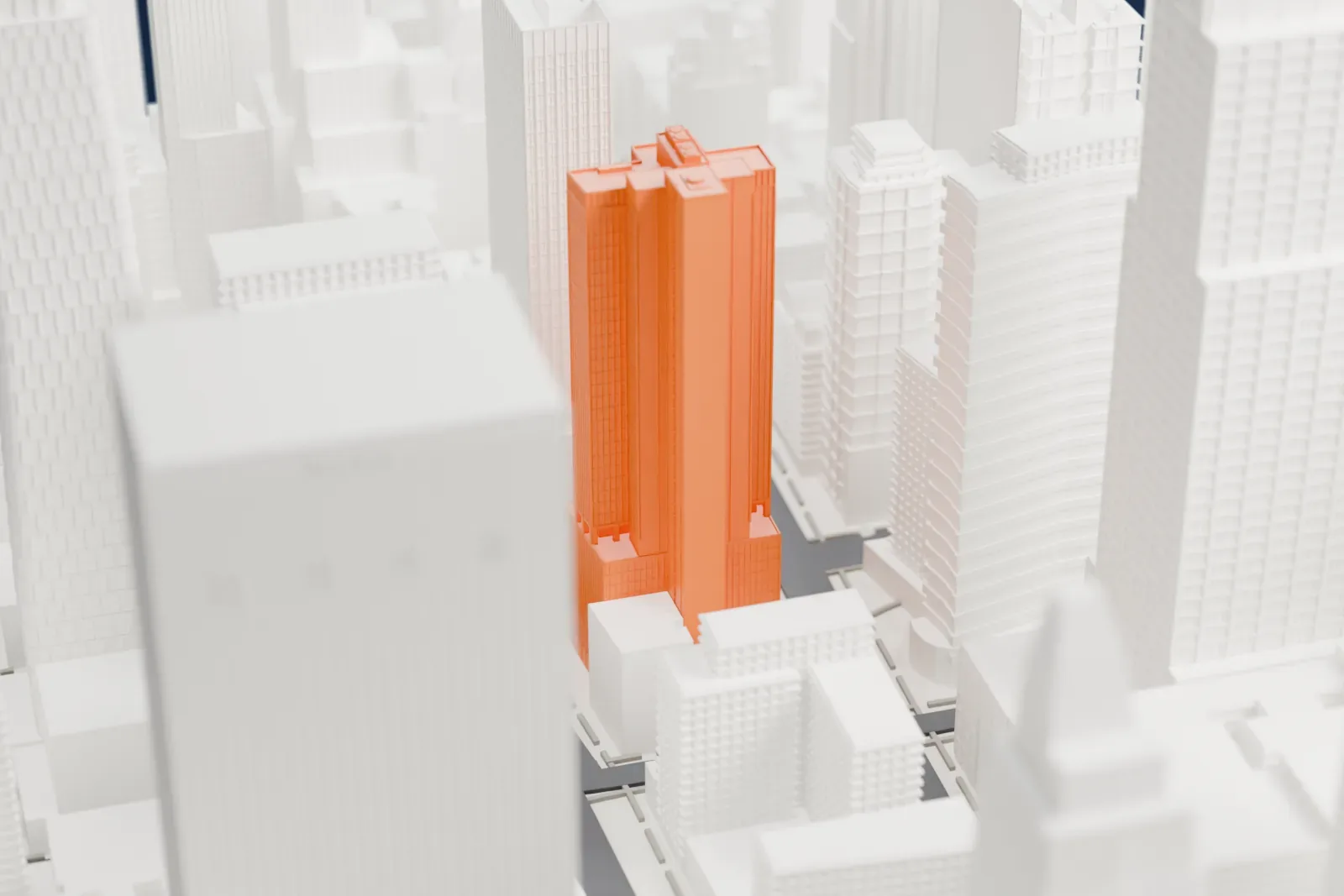 A white 3D print of 810 Seventh Avenue, a slim tall office tower with stepped blocks on its roof, hemmed in by dense Midtown skyscrapers.