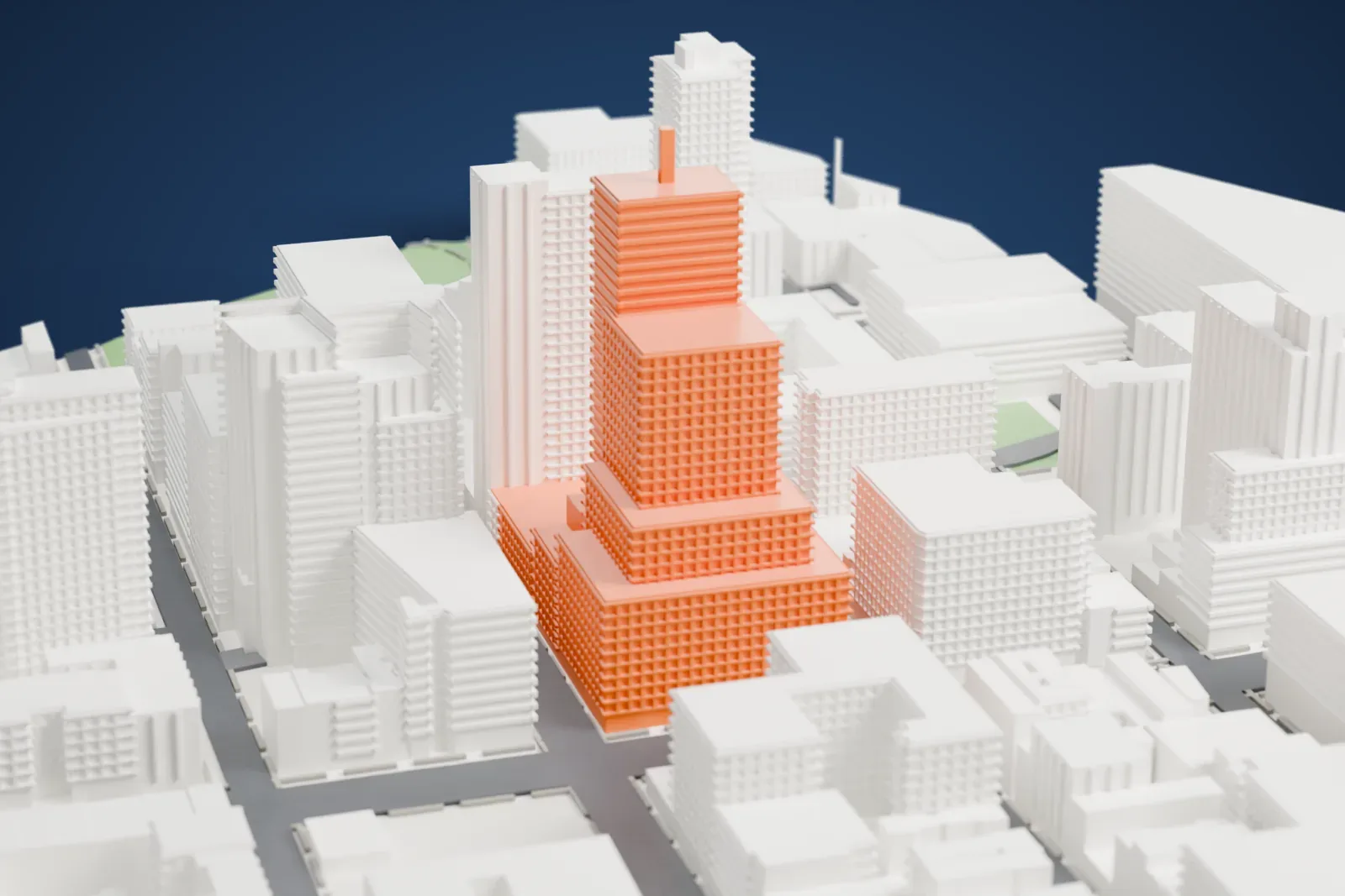 A white 3D print of 811 Tenth Avenue, a plain stepped tower with small pipes on its roof, standing among mid-rise buildings and streets.