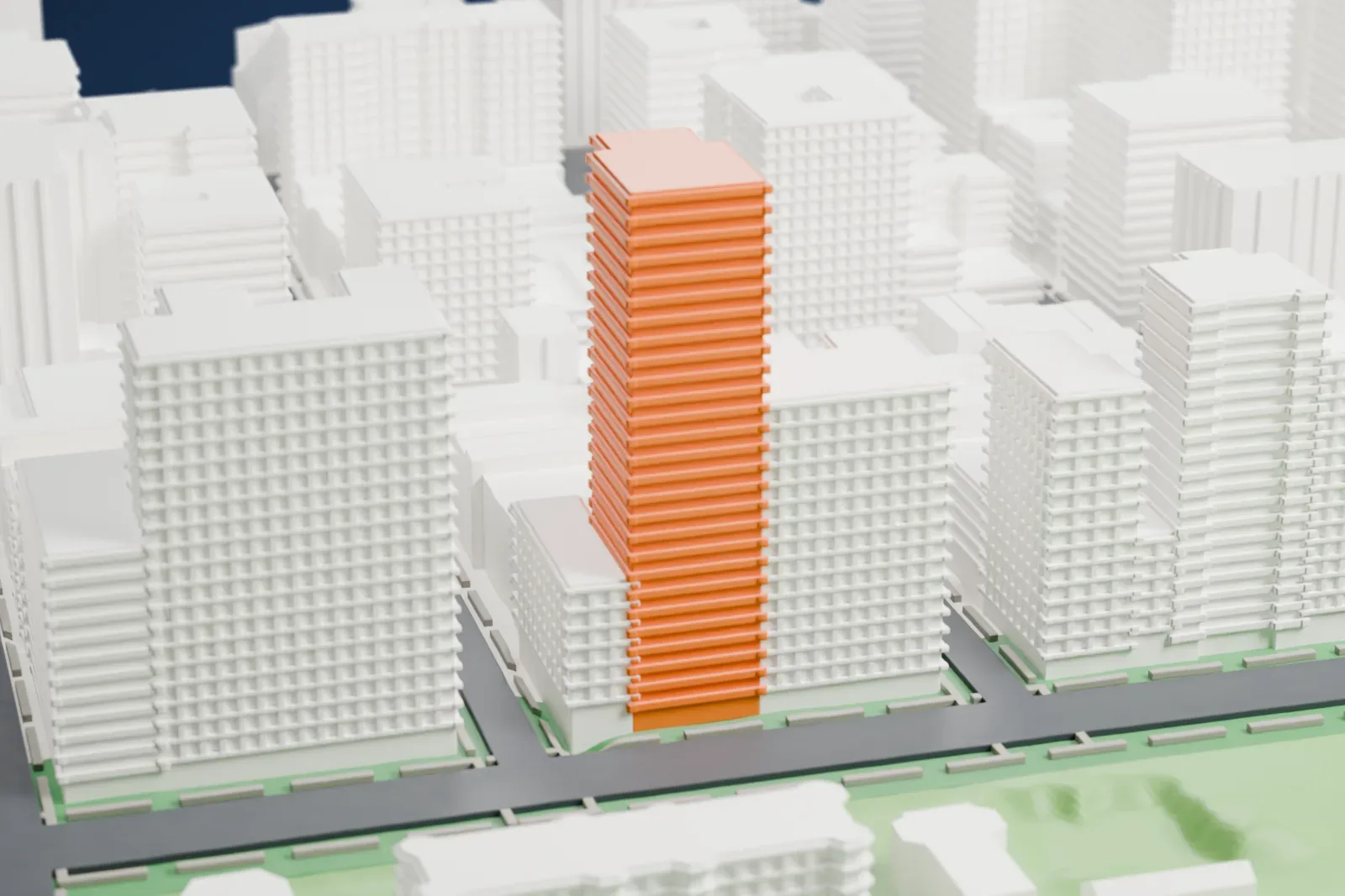 A white 3D print of 825 Fifth Avenue, a slim tower with stepped upper floors and a tall steep roof, standing among other tall buildings with green space beside them.