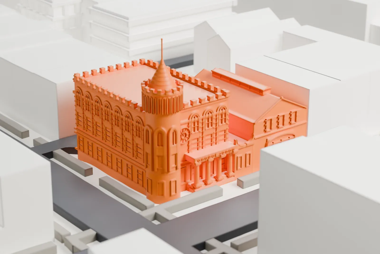 A white 3D print of the 83rd Precinct Police Station, a building with a notched roofline, a round corner tower with a pointed roof and a lower wing beside it, among low buildings and streets.