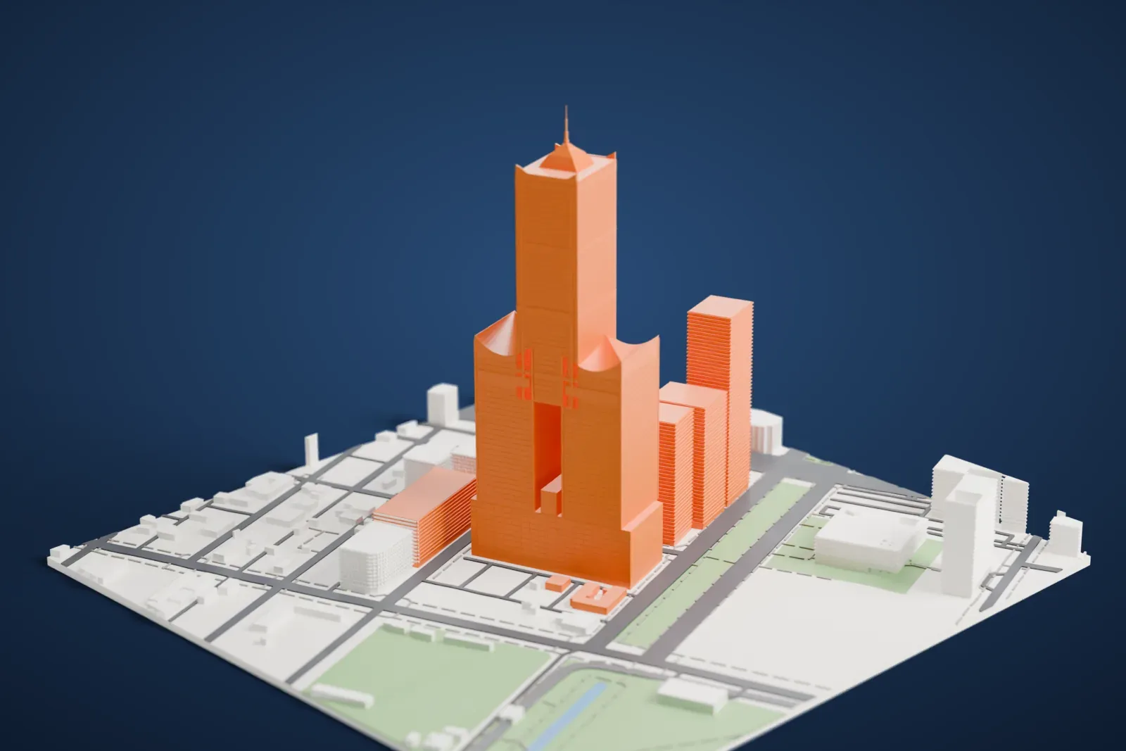 A white 3D print of 85 Sky Tower, a tall tower with two lower prongs and a pointed top, standing among city blocks, roads and a few green areas.