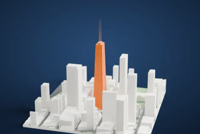 A white 3D print of the 875 North Michigan Avenue model in Chicago, with the streets around it.