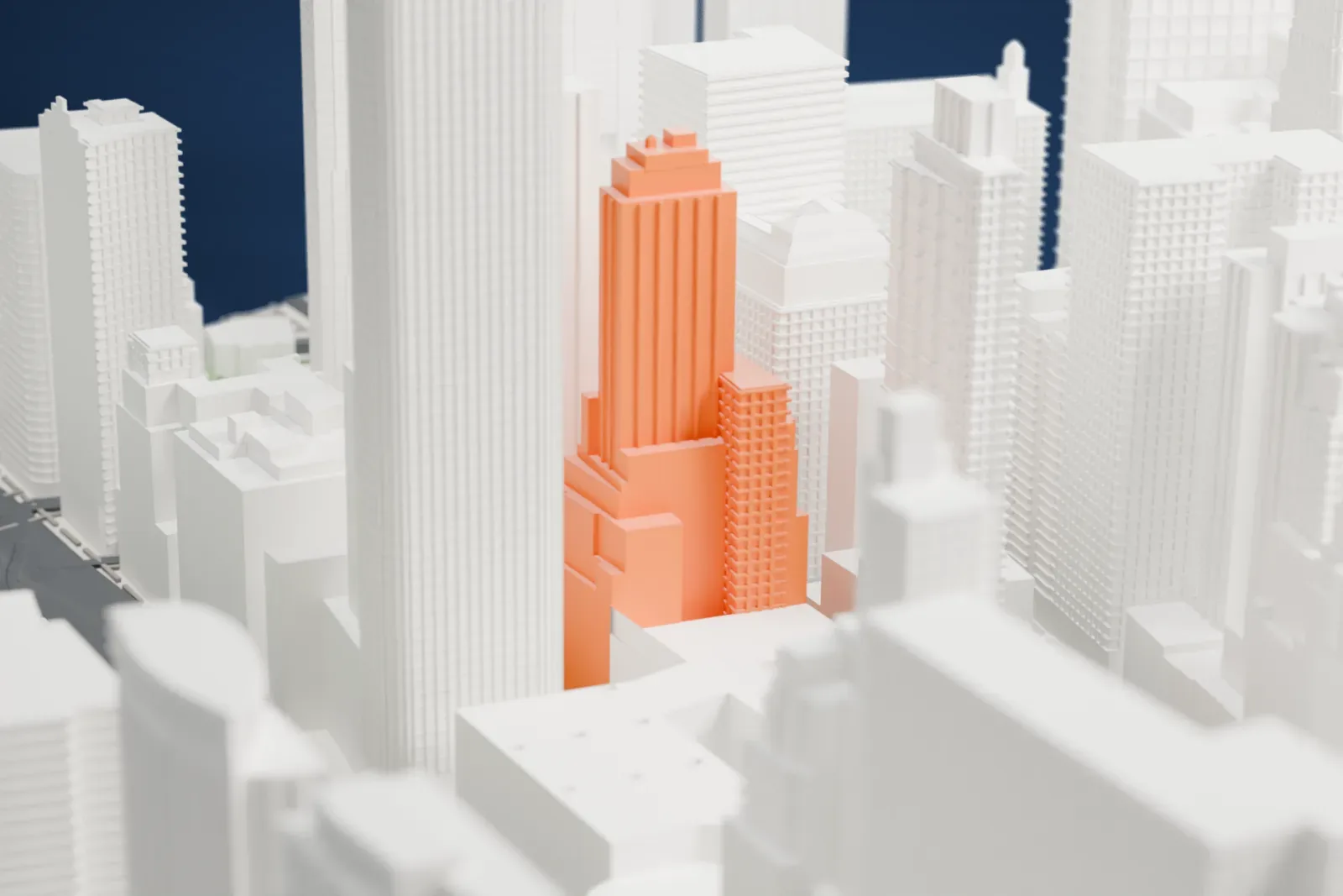 A white 3D print of 88 Greenwich Street, a tall stepped-crown tower, packed in among taller Financial District skyscrapers, with a street and a strip of green nearby.
