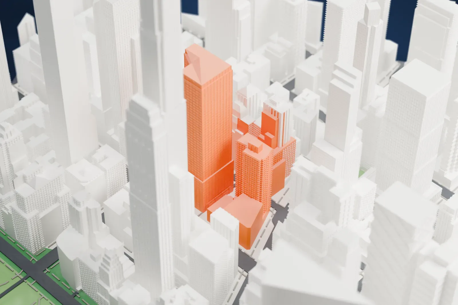 A white 3D print of 888 Seventh Avenue, a tall slab tower with a notched corner and rows of windows, standing among many other Midtown skyscrapers.
