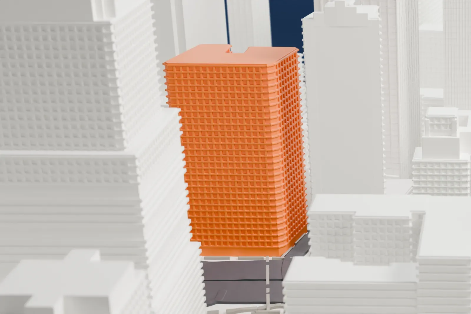 A white 3D print of 90 West Street, a boxy tower with an ornamented crown, standing between a green park and a wide road with tall towers nearby.