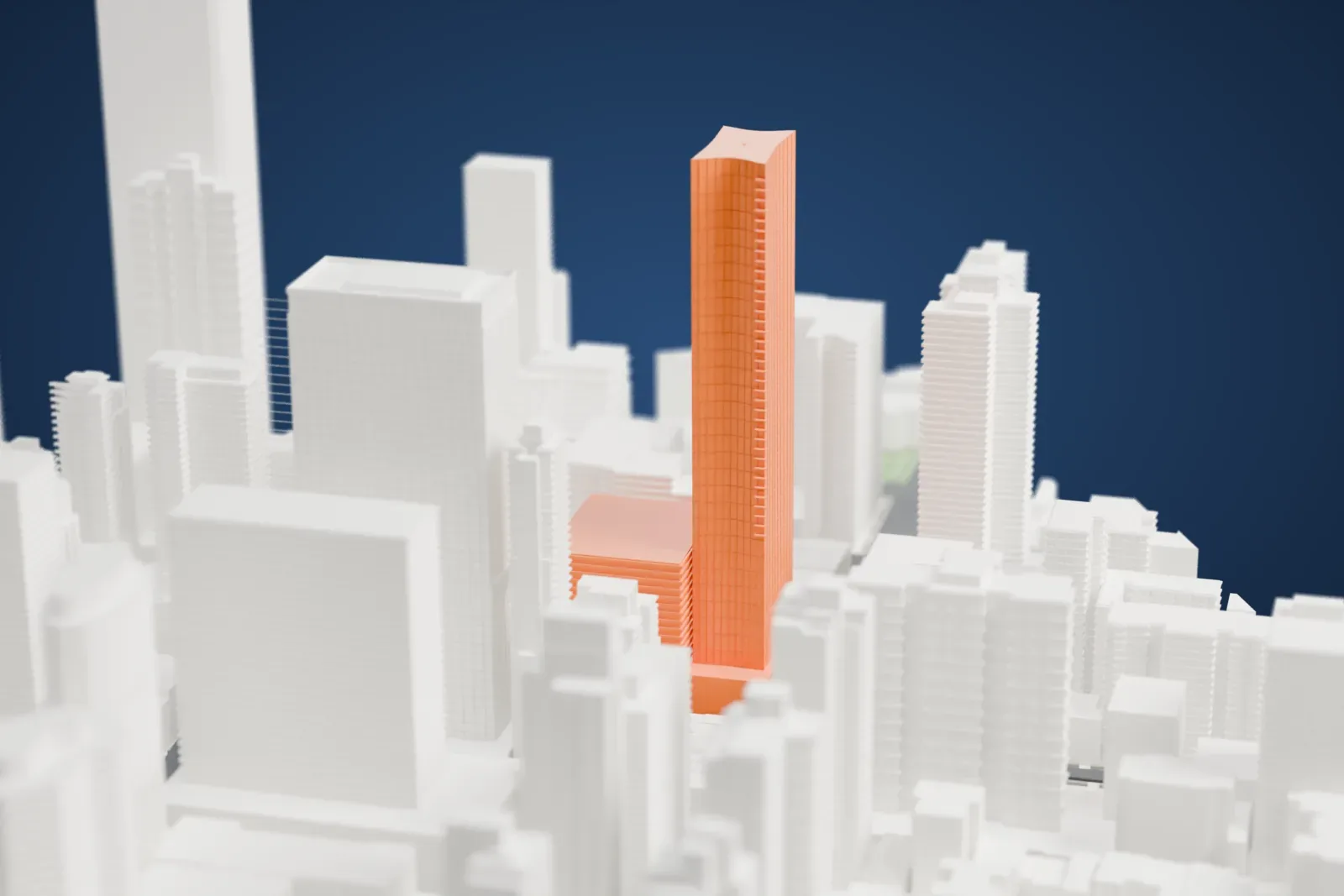 A white 3D print of 919 Third Avenue, a tall boxy tower with fine vertical lines, among dense Midtown buildings.