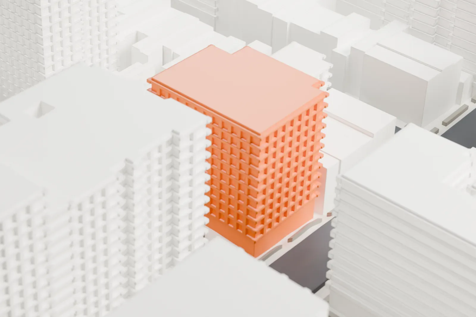 A white 3D print of 945 Madison Avenue, a compact blocky building whose upper floors overhang, wedged between taller buildings with narrow streets beside it.