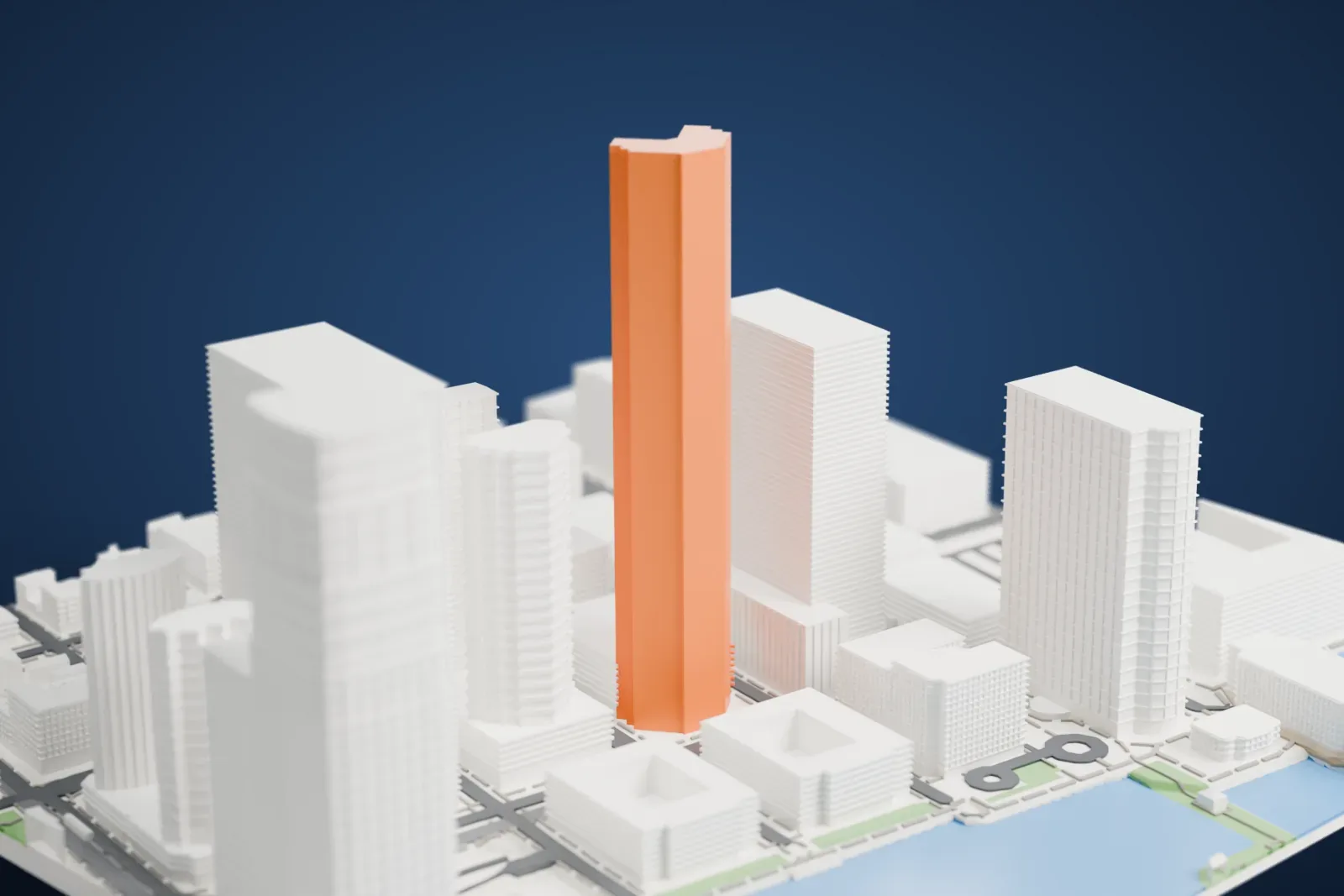 A white 3D print of 99 Hudson Street, a slender tall tower with a notched top, standing among other tall buildings with water nearby.
