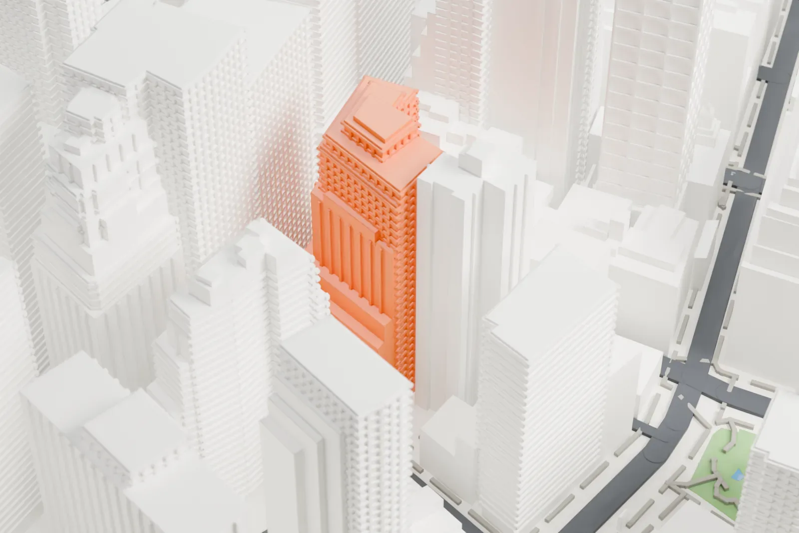 A white 3D print of 99 John Street, a stepped tower surrounded by other tall buildings.