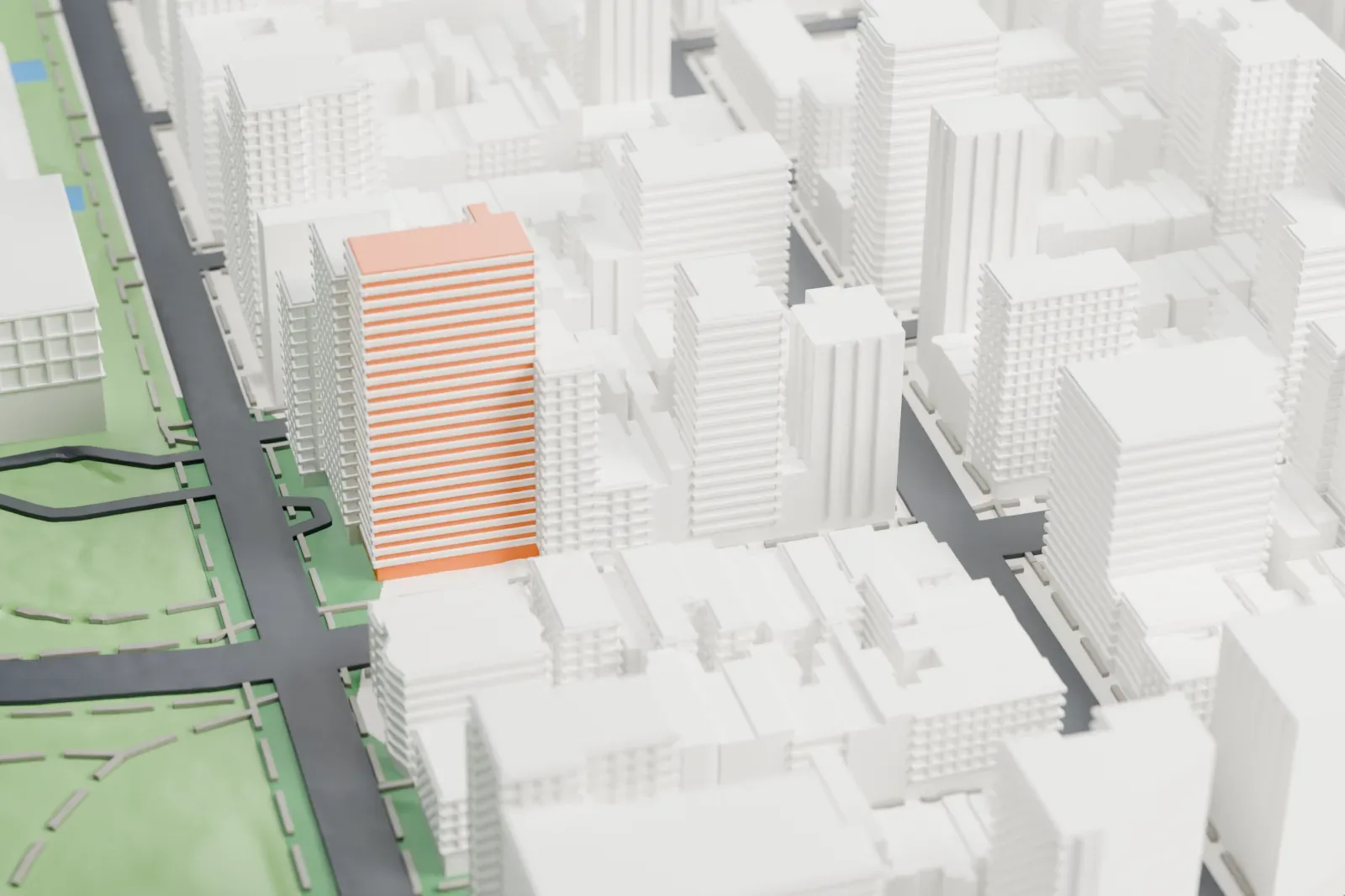 A white 3D print of 995 Fifth Avenue, a narrow tower with an ornate stepped top and arched windows, standing among mid-rise apartment buildings.