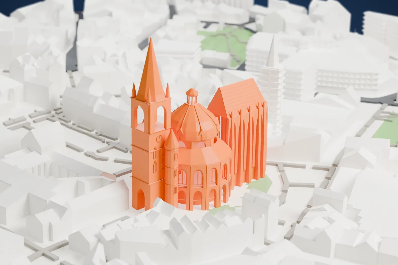 A white 3D print of Aachen Cathedral, with a domed octagonal core, a tall spired tower and a tall choir hall with narrow windows, standing among closely packed buildings.