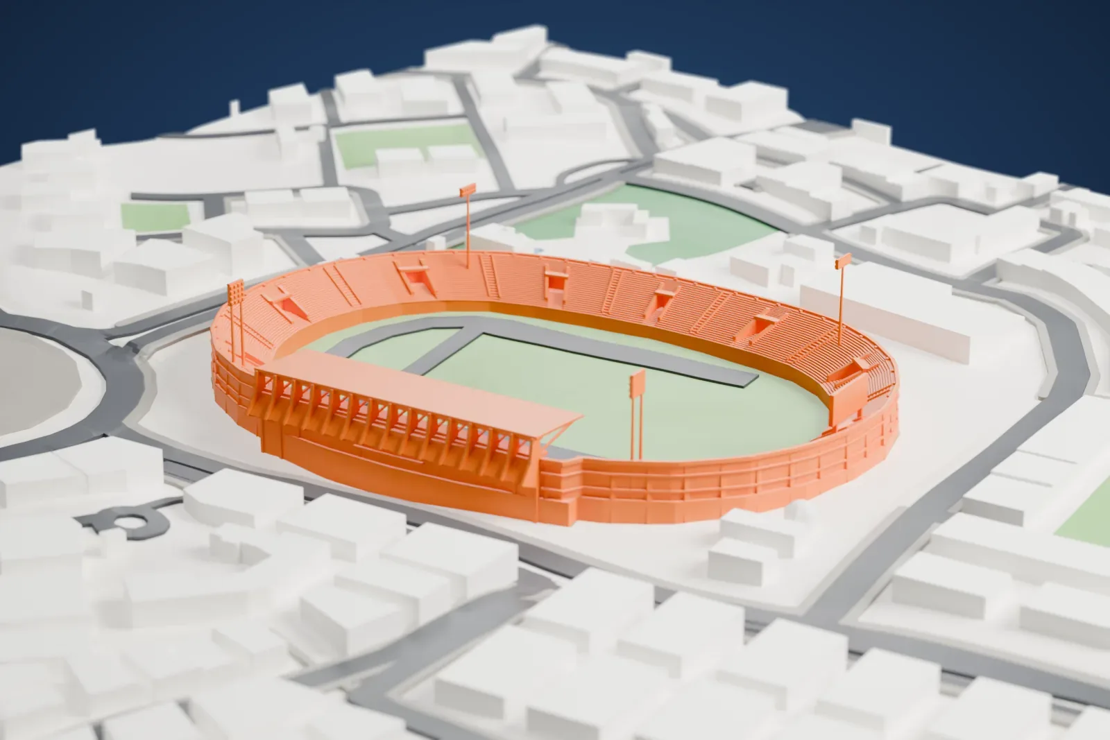 A white 3D print of Abbasiyyin Stadium, an oval seating bowl with a pitch and floodlight masts, among the surrounding streets and buildings.